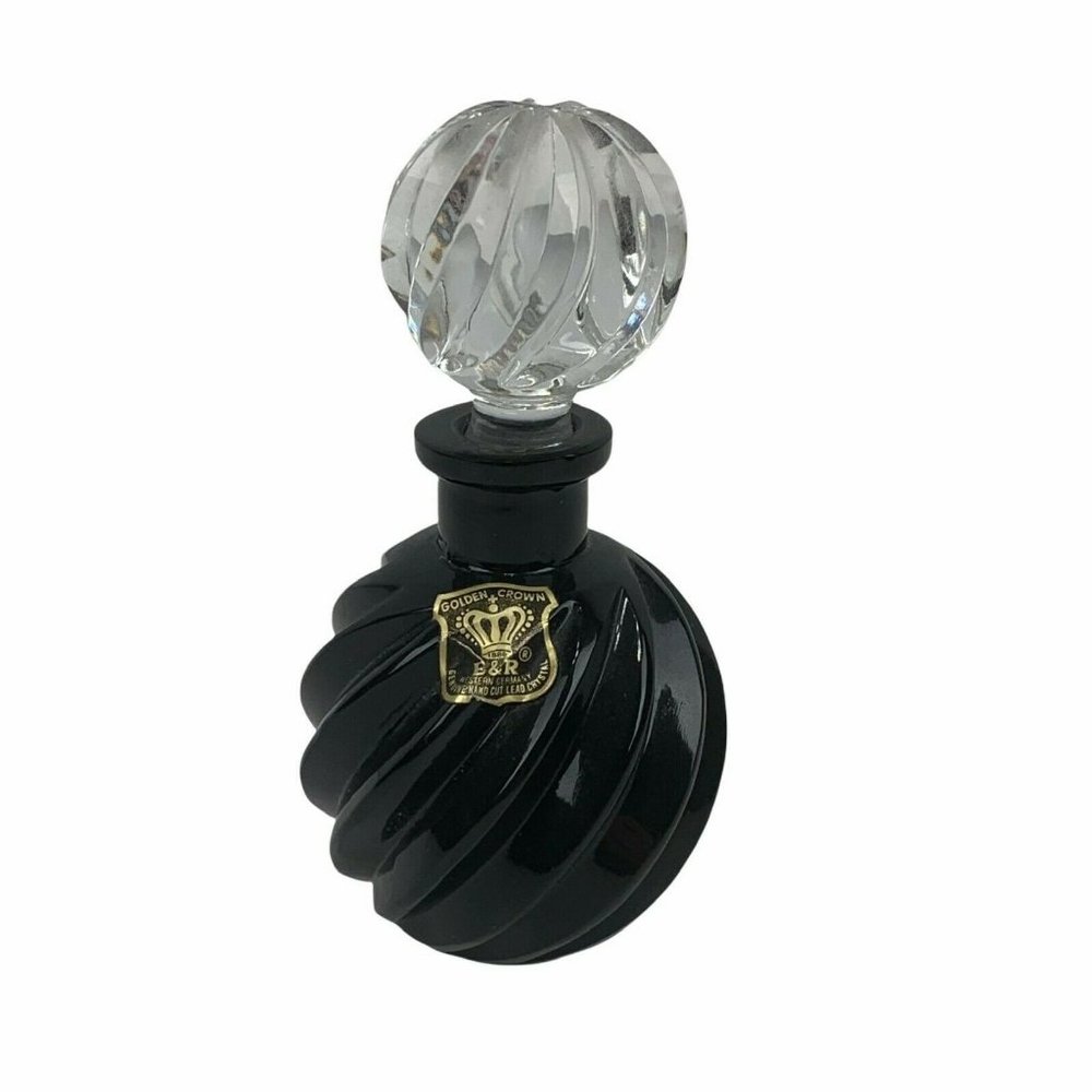 Golden Crown Hand Cut Lead Crystal Black Perfume Bottle & Stopper West Germany